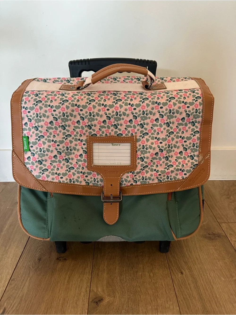 Tann’s Green and Pink Floral Rolling School Satchel Trolley backpack